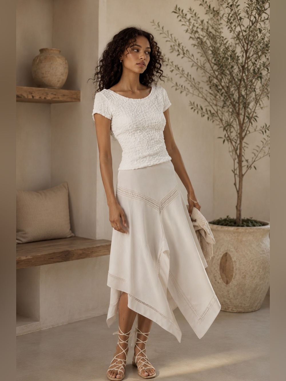 Anthropologie Maeve Popcorn Textured Tee Medium White Stretch Cottagecore Top